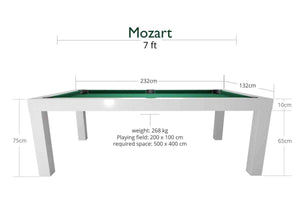 Dynamic Mozart 7ft pool dining table dimensions diagram, Matte White finish