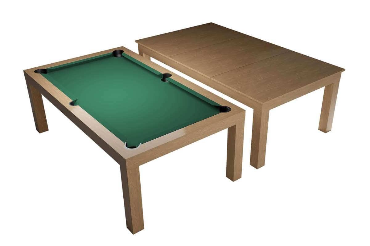 Dynamic Mozart 7ft pool table in Oak finish with green playing cloth, dining top removed