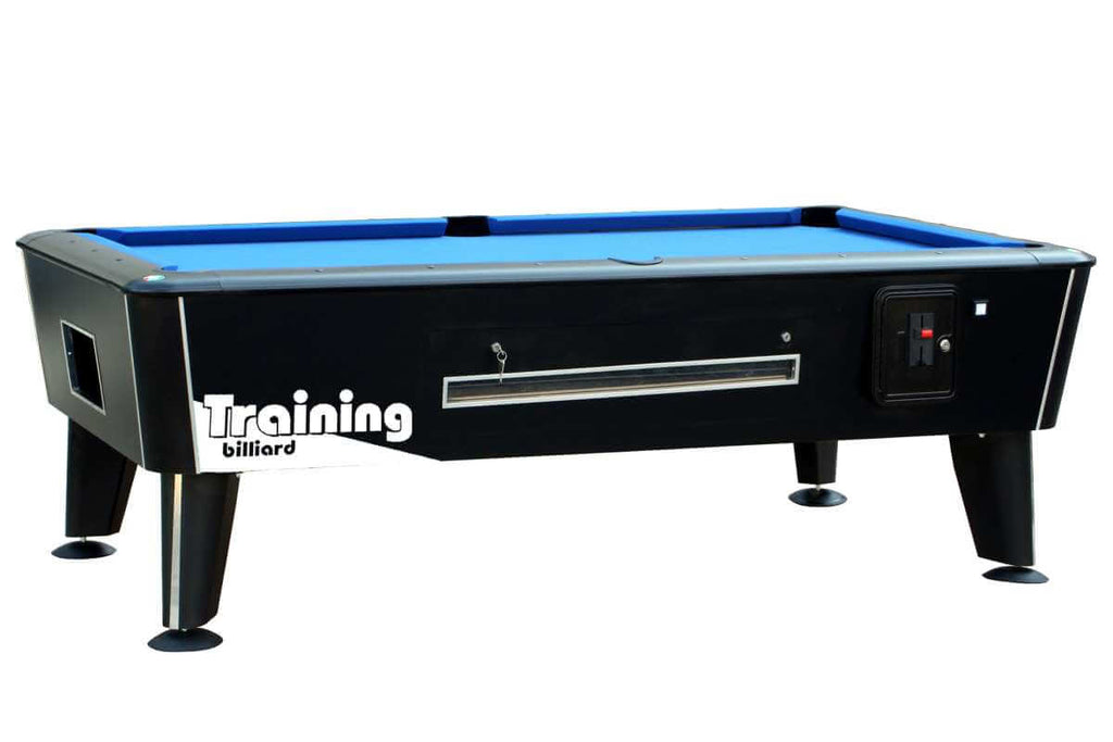 Dynamic Premier American pool table in black with blue cloth, showing the central ball return and side coin mechanism