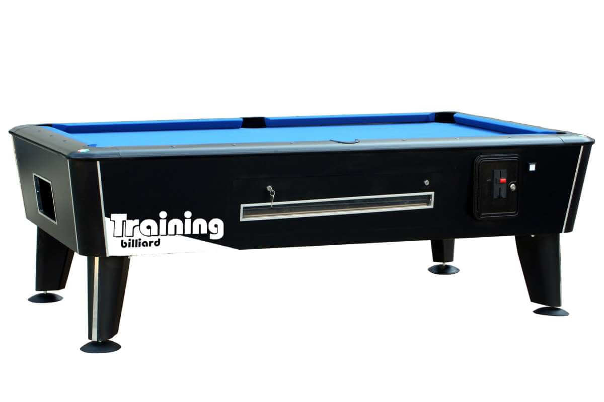 Dynamic Premier American pool table in black with blue cloth, showing the central ball return and side coin mechanism