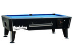 Dynamic Premier American pool table in black with blue cloth, showing the central ball return and side coin mechanism
