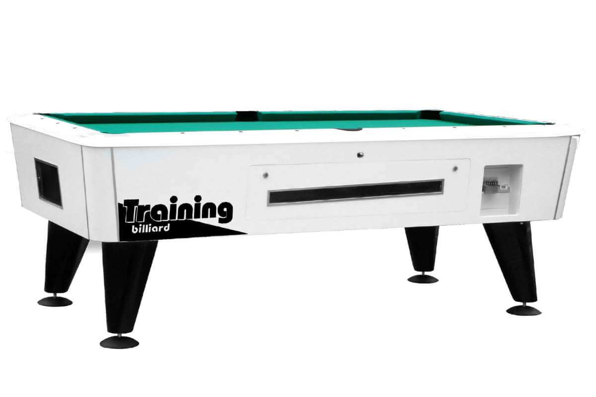 Dynamic Premier American pool table in white with green cloth, showing the central ball return and side coin mechanism