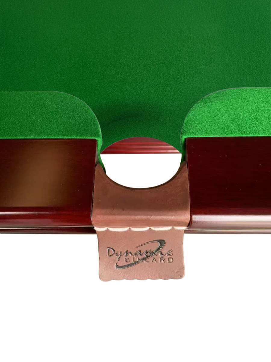 Middle pocket detail on the mahogany Dynamic Prince II Steelblock snooker table