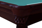 Close-up of the black leather drop pocket and K66 cushion on the Dynamic Salem 8ft pool table