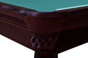 Close-up of the black leather drop pocket and K66 cushion on the Dynamic Salem 8ft pool table