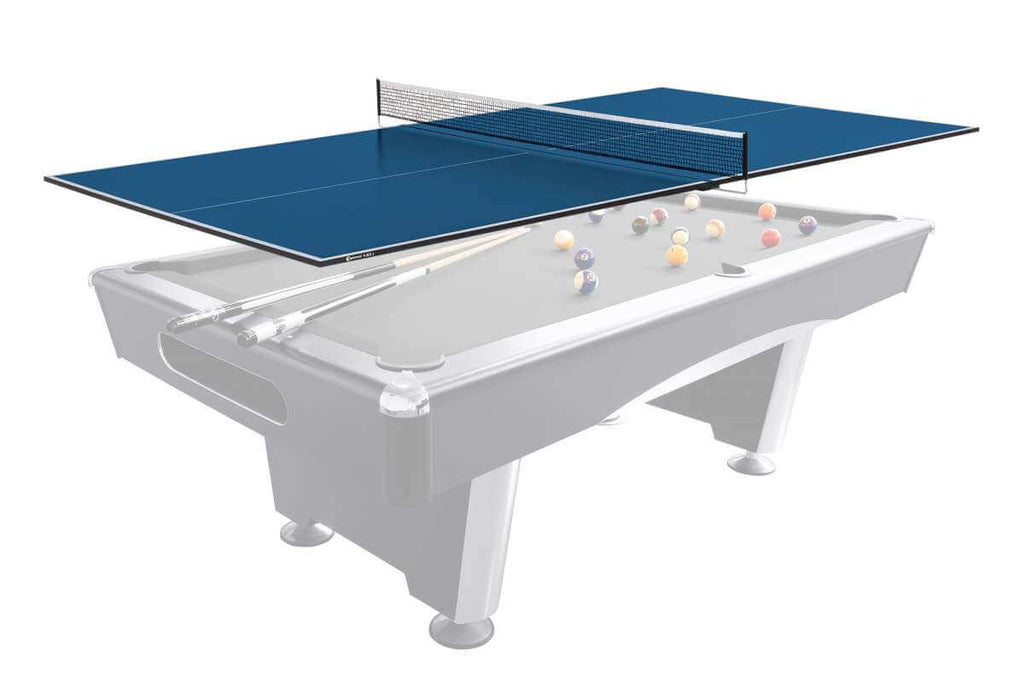 A combined pool table and ping-pong table setup with a blue tabletop, blue net, and white table base on a plain white background.