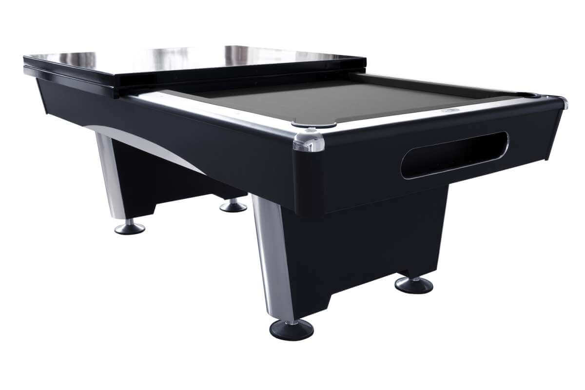 Black Dynamic Triumph Plus American pool table fitted with a table cover