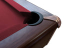 Corner pocket detail on the mahogany Dynamic Triumph Plus American pool table