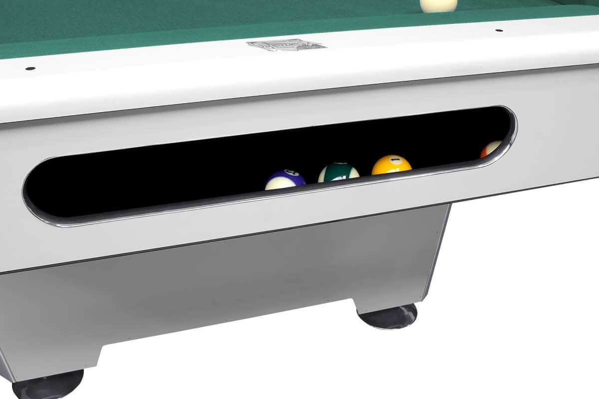 Optional ball-return system on the matt white Dynamic Triumph Plus American pool table, 8ft