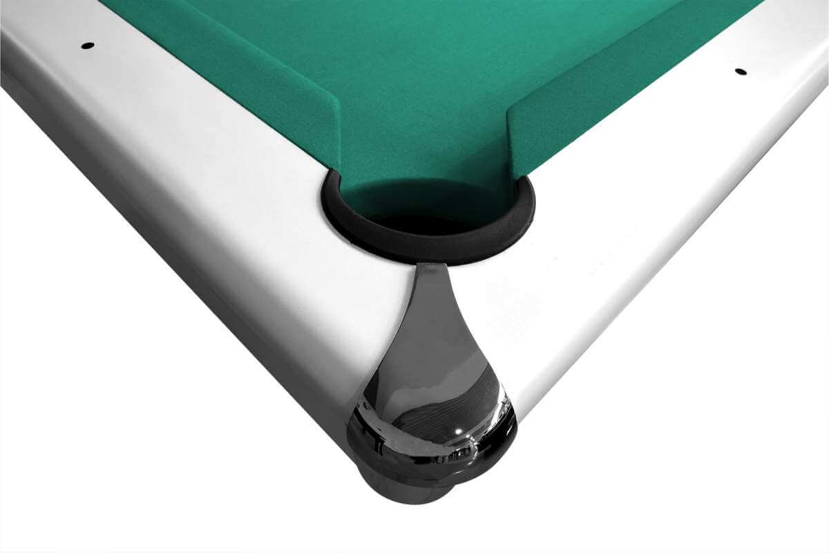 Corner pocket detail on the matt white Dynamic Triumph Plus American pool table