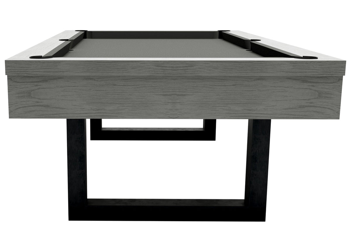 Front angle of the Dynamic Upcon 8ft pool table in grey oak