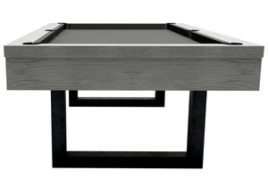 Front angle of the Dynamic Upcon 8ft pool table in grey oak
