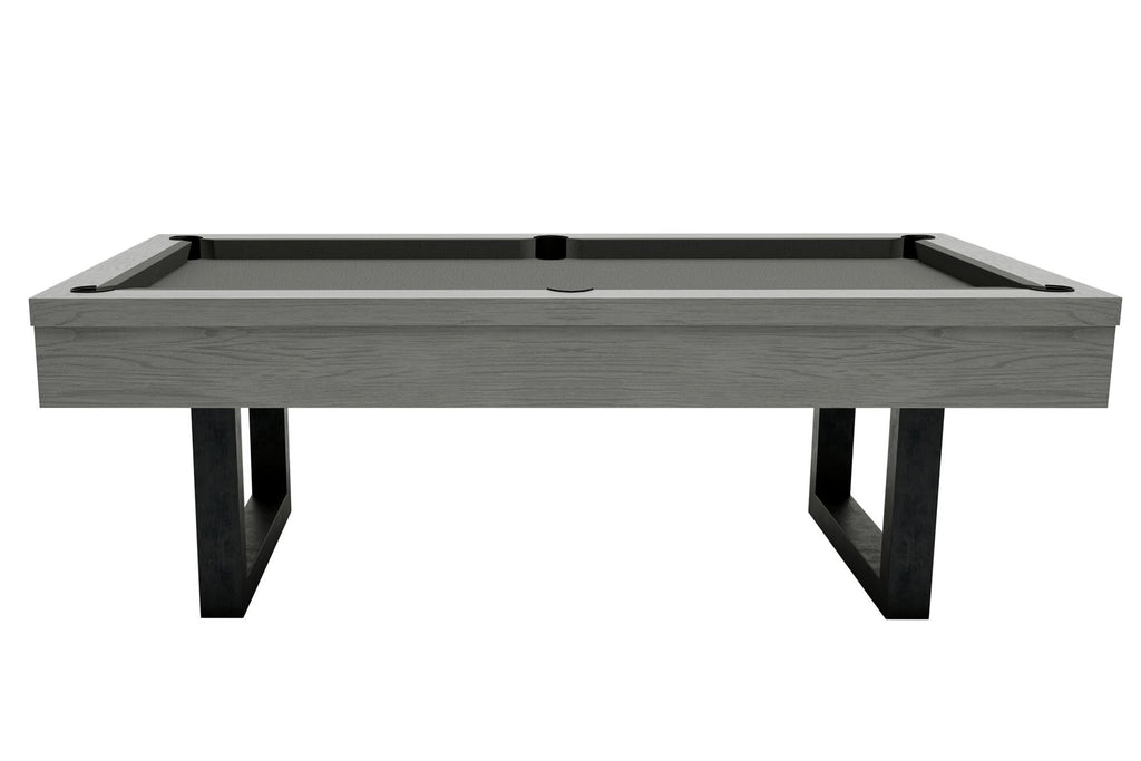 Side view of the Dynamic Upcon 8ft pool table showing the grey oak cabinet and metal legs