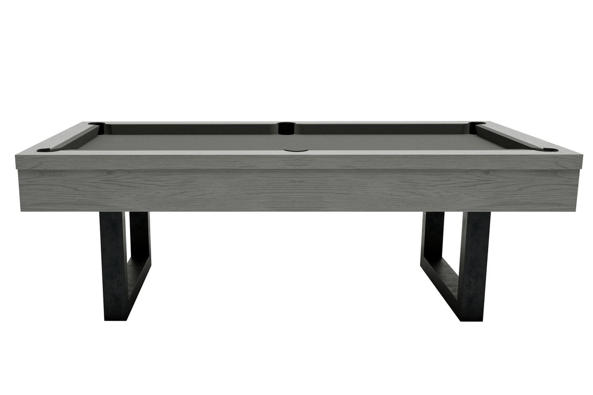 Side view of the Dynamic Upcon 8ft pool table showing the grey oak cabinet and metal legs