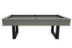 Side view of the Dynamic Upcon 8ft pool table showing the grey oak cabinet and metal legs