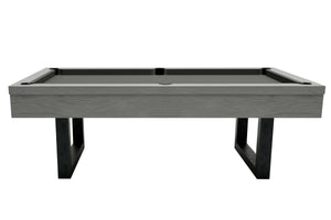 Side view of the Dynamic Upcon 8ft pool table showing the grey oak cabinet and metal legs