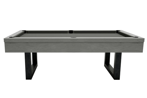 Side view of the Dynamic Upcon 8ft pool table showing the grey oak cabinet and metal legs
