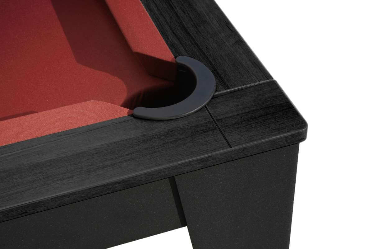 Corner pocket detail on the Dynamic Vancouver III American 7ft Pool Table in Black finish with burgundy cloth