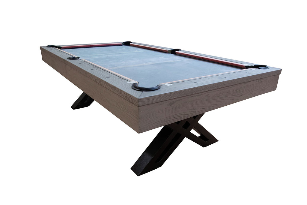 Dynamic X-Con 8ft pool table in grey oak with X-frame metal legs