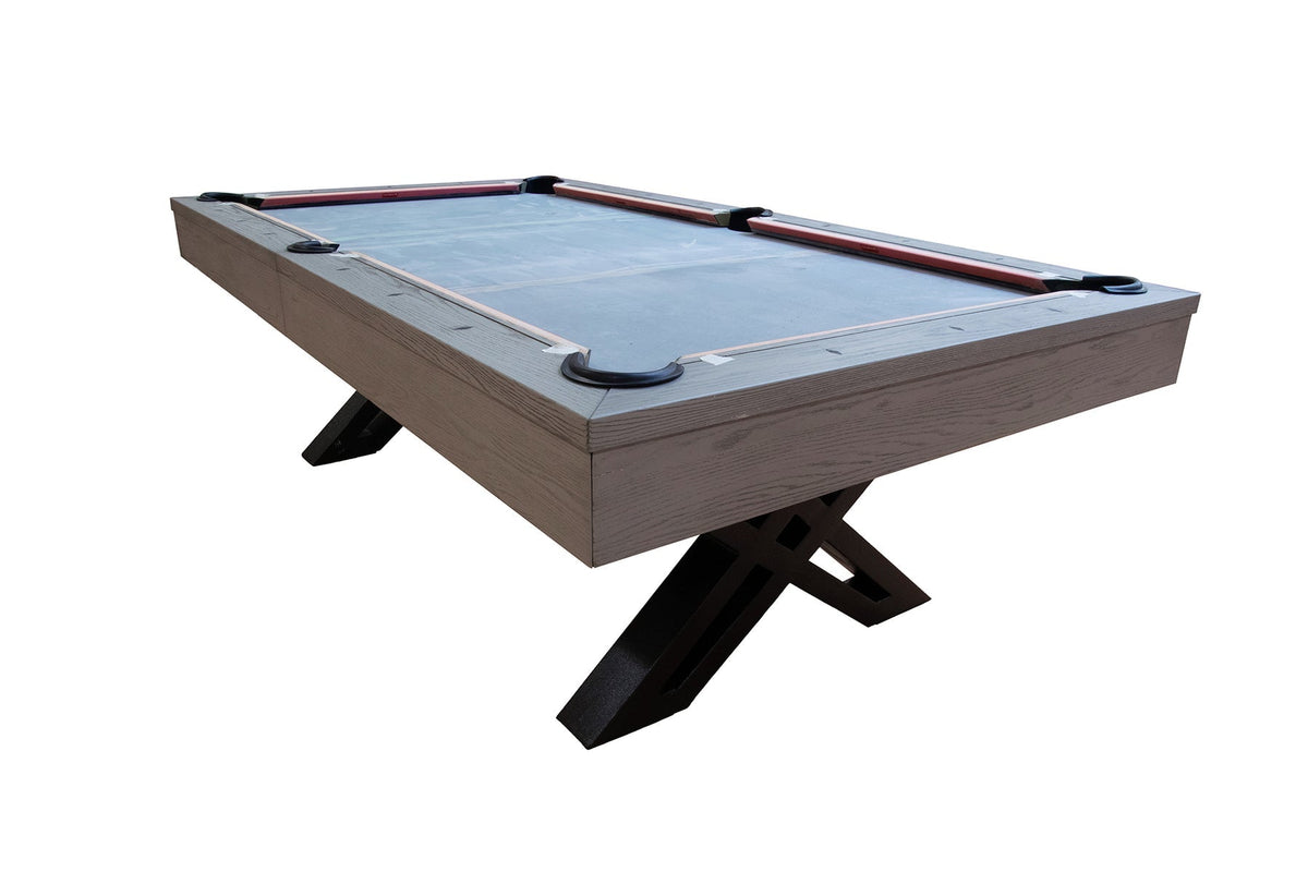 Dynamic X-Con 8ft pool table in grey oak with X-frame metal legs