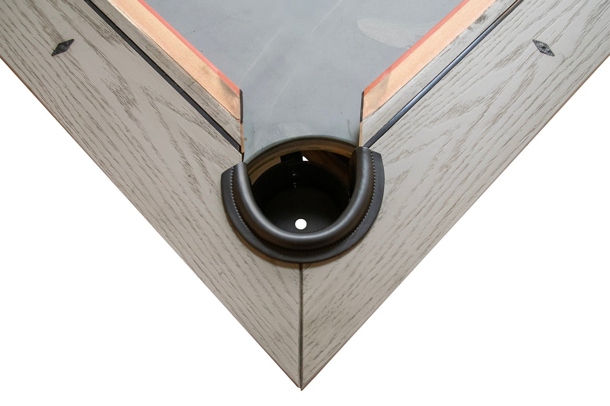 Close-up of the leather drop pocket on the Dynamic X-Con 8ft pool table