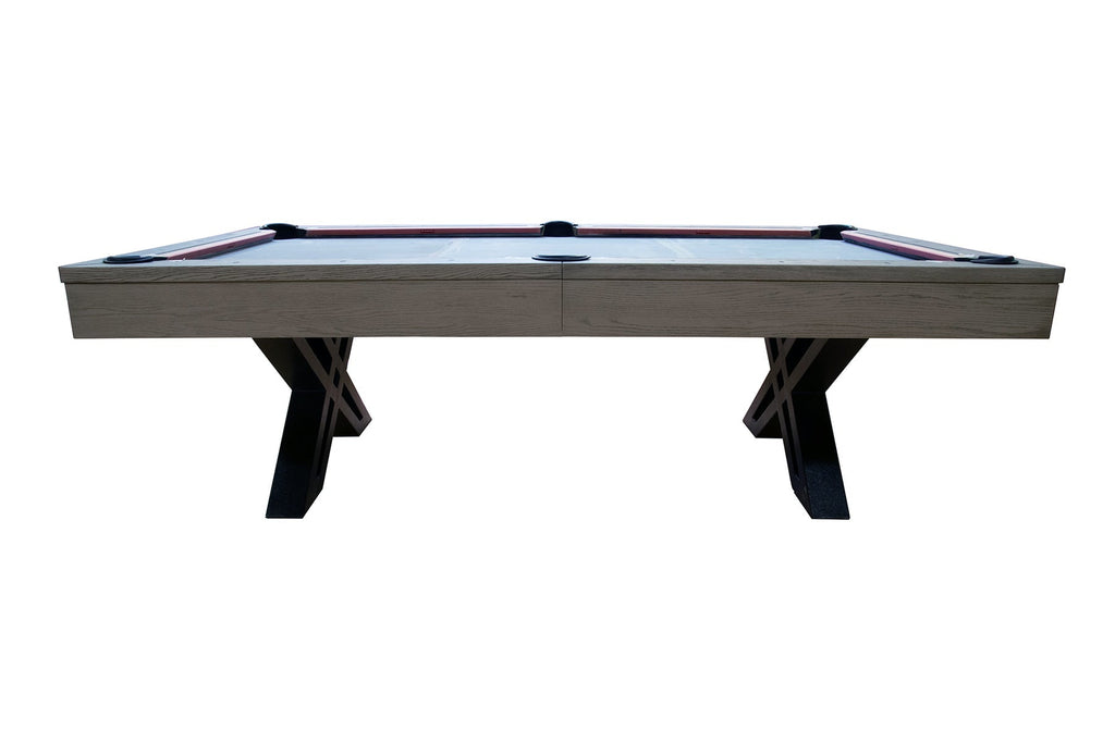 Side view of the Dynamic X-Con 8ft pool table showing the grey-stained cabinet
