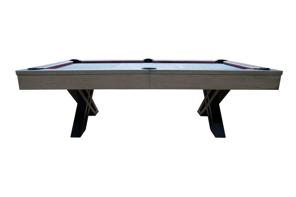 Side view of the Dynamic X-Con 8ft pool table showing the grey-stained cabinet