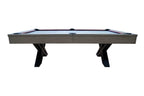 Side view of the Dynamic X-Con 8ft pool table showing the grey-stained cabinet
