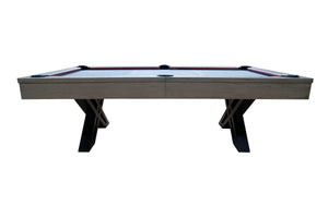 Side view of the Dynamic X-Con 8ft pool table showing the grey-stained cabinet