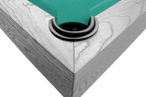 Close-up of the leather drop pocket and K66 cushion on the Dynamic Xray 8ft pool table