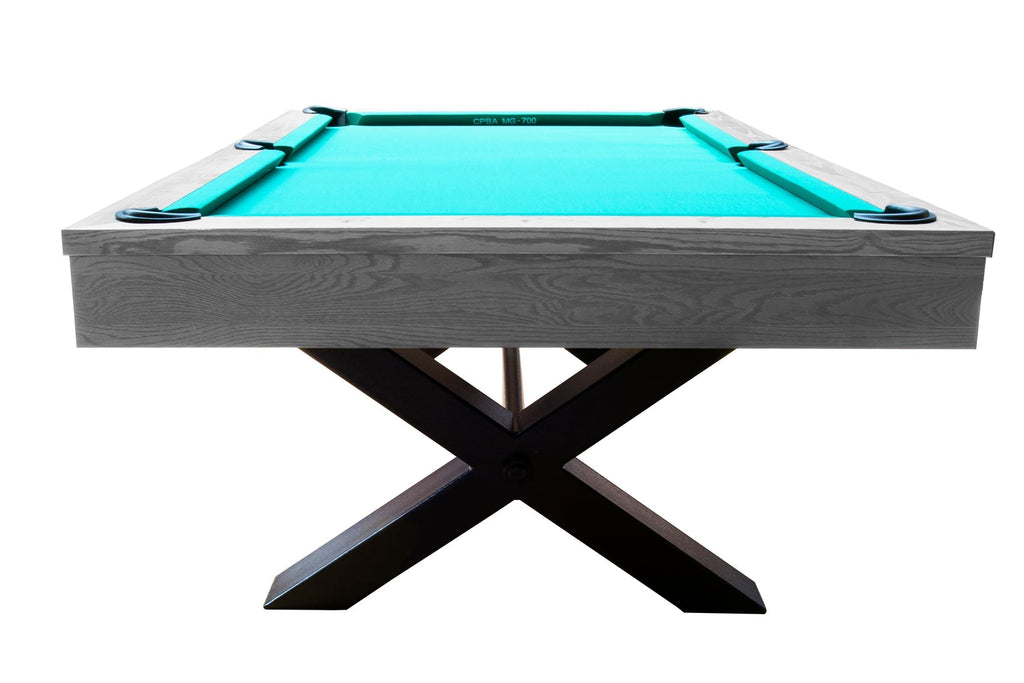 X-shaped metal leg detail on the Dynamic Xray 8ft pool table in grey oak