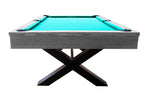 X-shaped metal leg detail on the Dynamic Xray 8ft pool table in grey oak