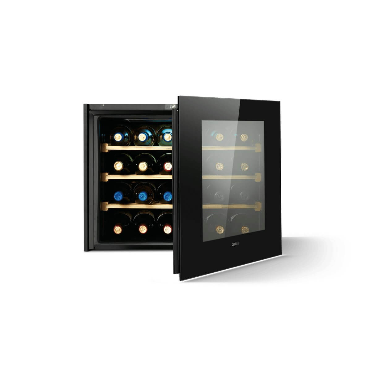 Elica Veritas BI24 built-in wine cooler in black glass with the door open and bottles on oak shelves