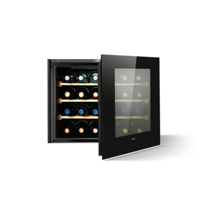 Elica Veritas BI24 built-in wine cooler in black glass with the door open and bottles on oak shelves