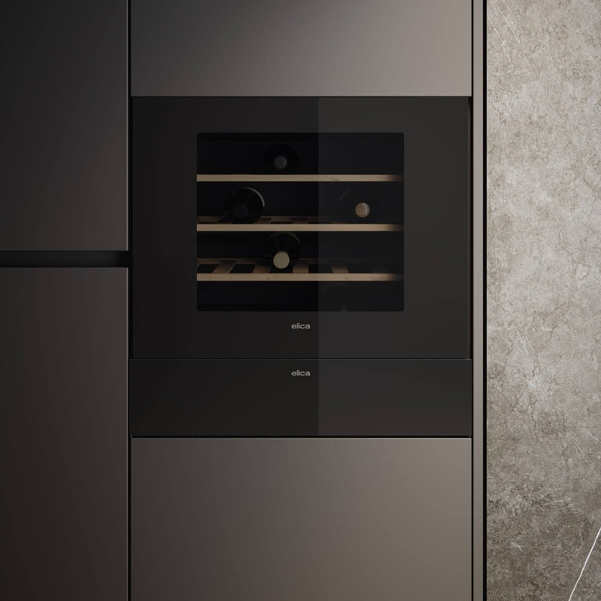 Elica Veritas BI24 wine cooler built into dark kitchen cabinetry with the door closed