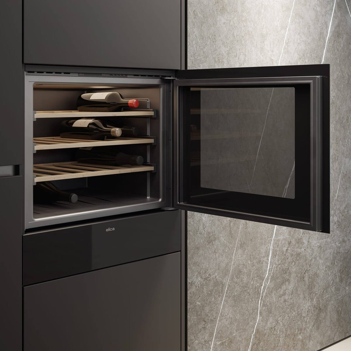 Veritas BI24 with the door open showing wine bottles on oak shelves
