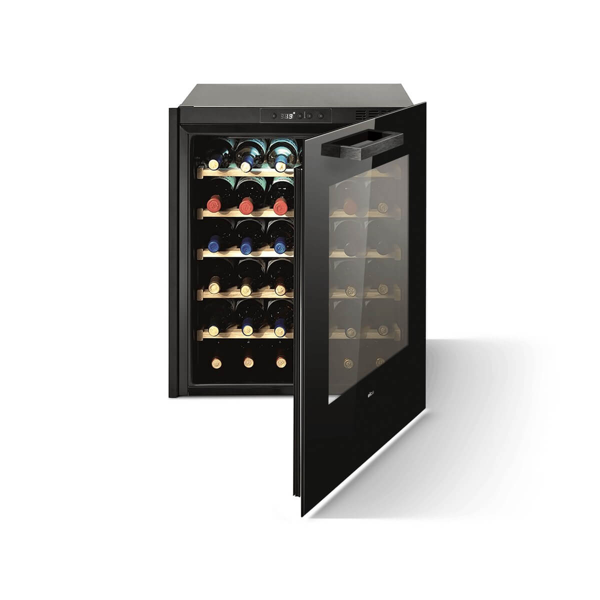 Elica Veritas BI36 dual zone built-in wine cooler in black glass with the door open