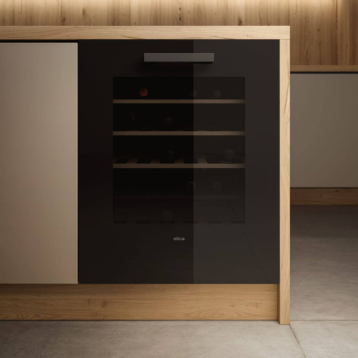 Elica Veritas BI36 wine cooler built into an oak kitchen island with the door closed