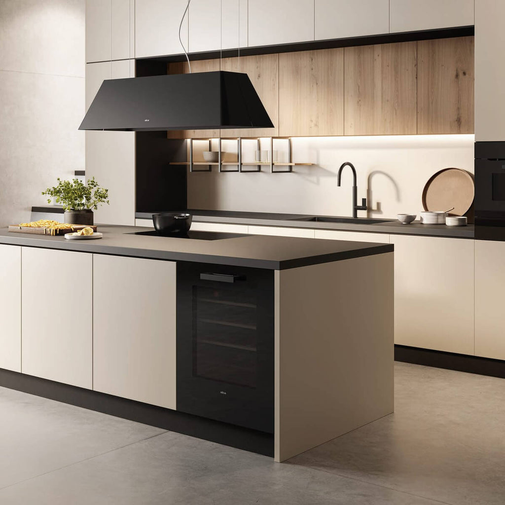 Bright kitchen with the Veritas BI36 wine cooler fitted under the island counter