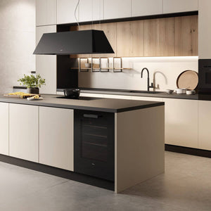 Bright kitchen with the Veritas BI36 wine cooler fitted under the island counter