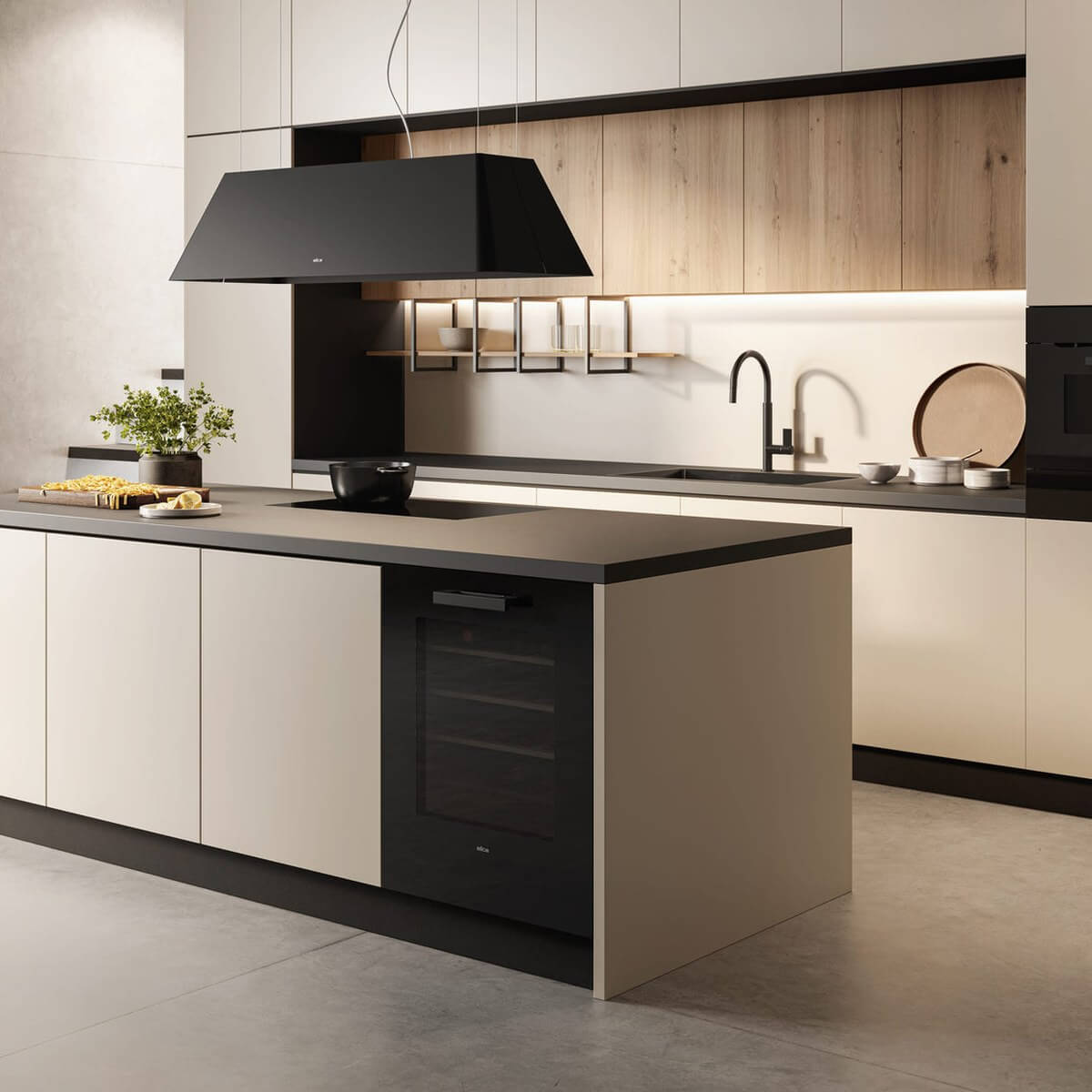 Bright kitchen with the Veritas BI36 wine cooler fitted under the island counter
