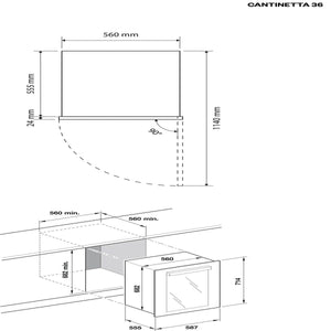 Veritas BI36 installation drawing showing cabinet and ventilation dimensions