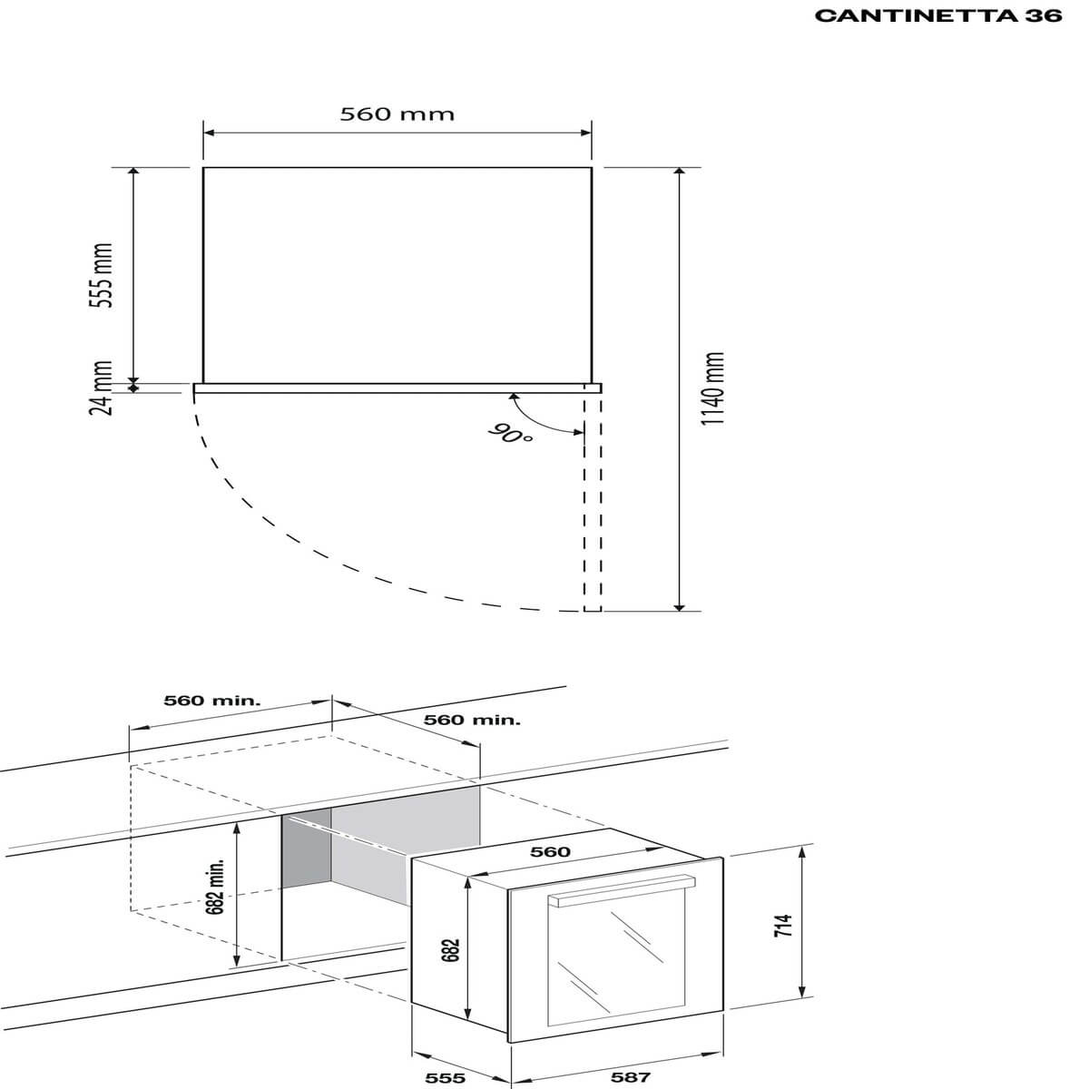 Veritas BI36 installation drawing showing cabinet and ventilation dimensions