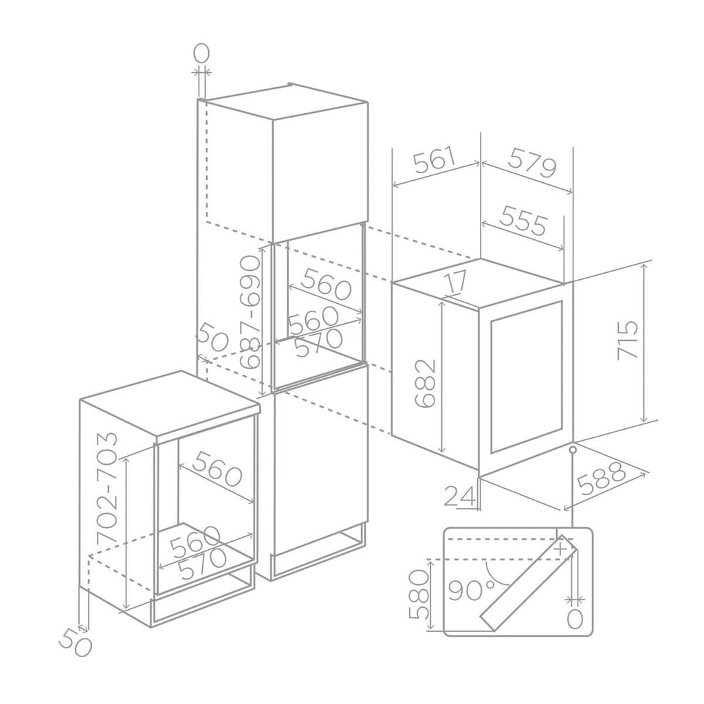 Veritas BI36 dimension drawing for under-counter and tall-unit installation
