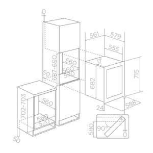 Veritas BI36 dimension drawing for under-counter and tall-unit installation