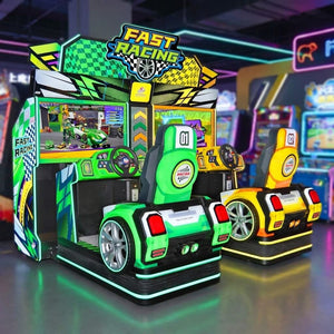 Fast Racing twin racing arcade machine glowing in a family entertainment centre