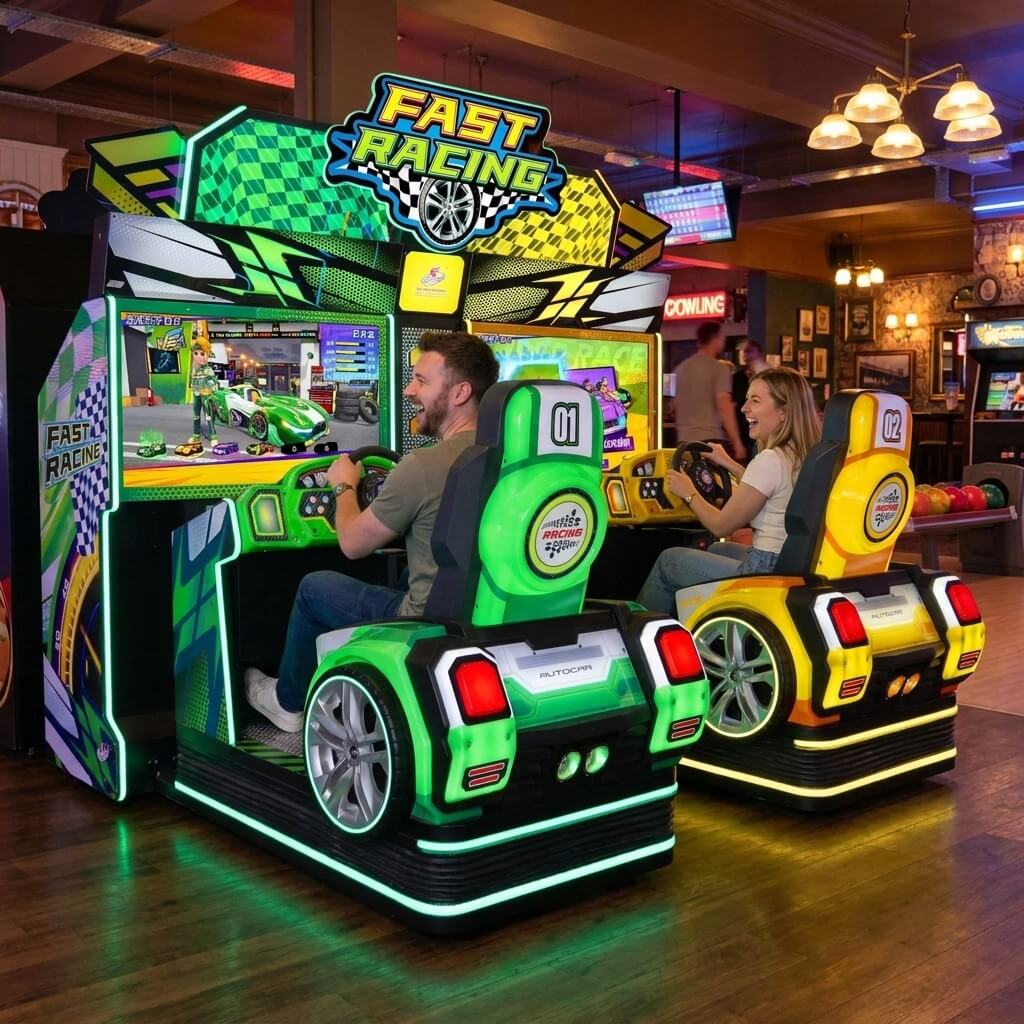 Two friends racing on Fast Racing at a bowling alley in the evening