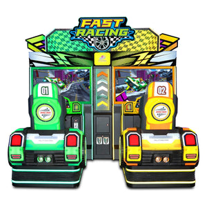 Fast Racing arcade machine from behind showing the car-style seat backs numbered 01 and 02