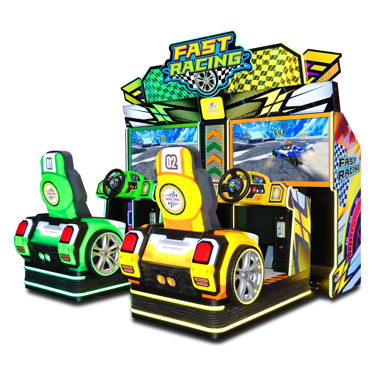 Fast Racing twin arcade racing machine from the side showing the green and yellow sports-car seats