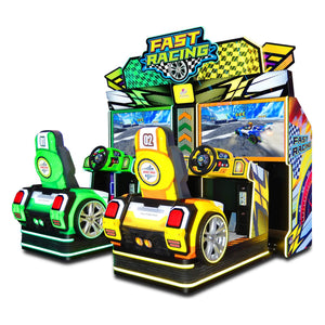 Fast Racing twin arcade racing machine from the side showing the green and yellow sports-car seats